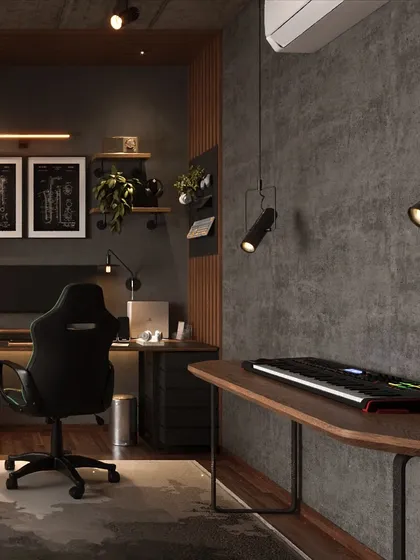 The office features raw concrete walls and a secondary keyboard station, perfect for a multi-functional workspace. The design is masculine, grounded, and built for focus.