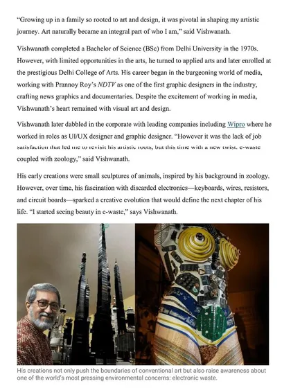 A page from the Indian Express "Unsung Heroes" article, detailing my background and my evolution as an artist. It explains how I started seeing beauty in the discarded electronics that would define my life's work.