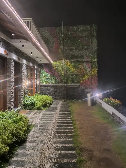 The finished artificial green wall project at a restaurant in Takri, Himachal Pradesh. The colorful design looks stunning at night, creating a warm and inviting ambiance for diners.
