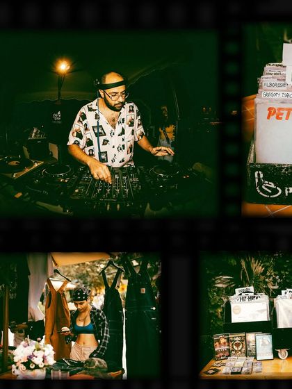 A collage from a 'City Goes Wax' event, showing me on the decks and crates of vinyl. These events are more than just DJ sets; they are community gatherings with food, pop-ups, and a shared love for music.