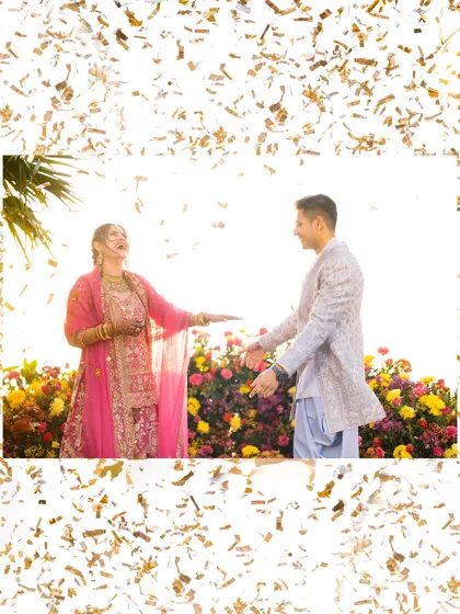 A creative frame of golden confetti surrounds their joyful interaction. It’s a snapshot of laughter and celebration, a memory preserved in gold.
