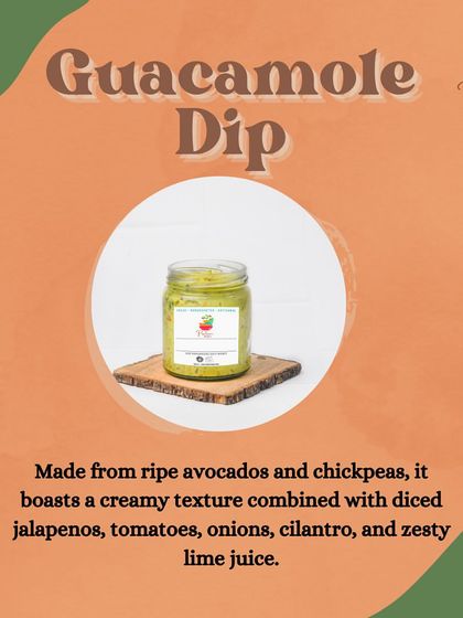 Our Guacamole Dip is made from ripe avocados and chickpeas, boasting a creamy texture combined with diced jalapeños, tomatoes, onions, cilantro, and zesty lime juice.
