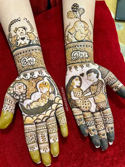 Mehendi is for all of life's beautiful celebrations. This special baby shower design includes cute caricatures, from a couple expecting to a baby in a cradle, making it a sweet and memorable way to celebrate the mom to be.