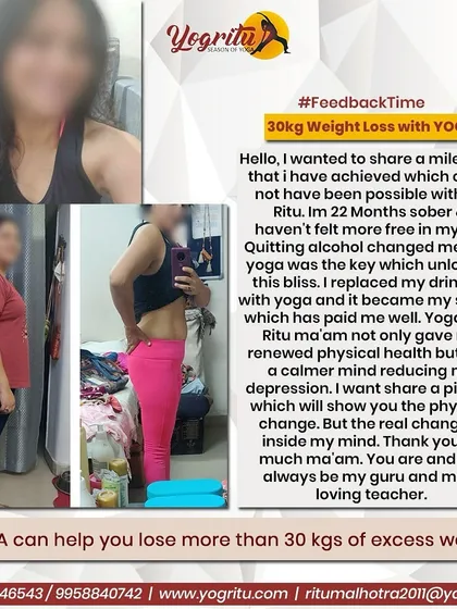 This is a powerful transformation story of achieving a 30kg weight loss through a consistent and personalized yoga practice. This client's journey shows that with the right guidance, yoga helps heal the body from the inside out, making weight loss a natural byproduct.