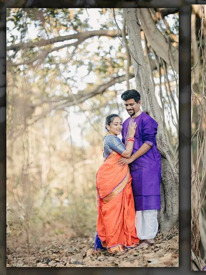 Blending tradition with nature. This shot showcases a couple in beautiful Marathi attire, creating a timeless portrait that honors their cultural roots.