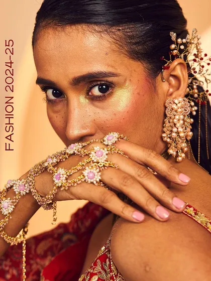 The Complete Festive Look: I love creating pieces that come together for a truly show-stopping look. This handcrafted set, featuring a floral hand harness, matching earrings, and a hair cuff, is designed for the modern woman who embraces tradition with her own unique style.