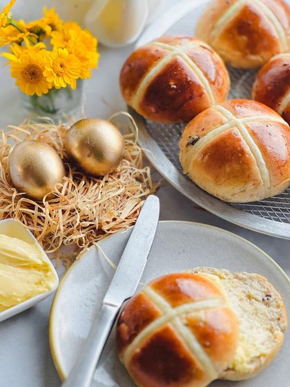 Nothing says Easter like warm, spiced hot cross buns. We bake them fresh throughout the season, perfect when toasted and served with a generous spread of butter.