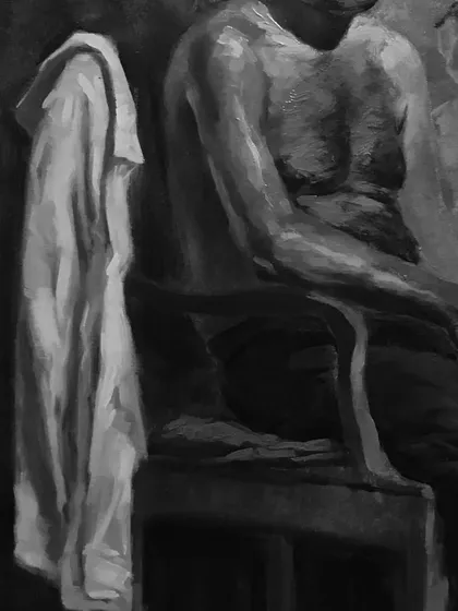 An oil on canvas study from a classwork session. The monochrome approach helps in understanding light, shadow, and form without the complexity of colour.