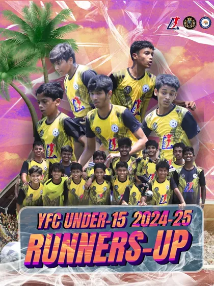 A creative graphic celebrating our U-15 team as Runners-Up in the YFC 2024-25. The silver today is a stepping stone to gold tomorrow.