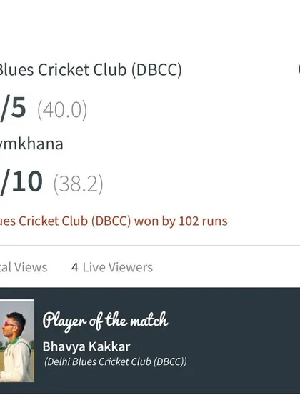 The result screen showing a massive 102-run victory for Delhi Blues Cricket Club, powered by centuries from two of our players and a 5-wicket haul. A dominant all-round performance.