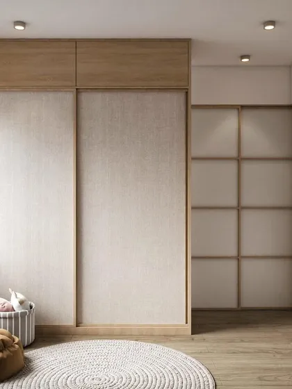 This Japandi-inspired kids' room, shown in a realistic 3D view, merges minimalist design with warmth. The space uses natural materials like wood and rattan with soft, neutral tones to create a calm and uncluttered atmosphere perfect for rest and play.