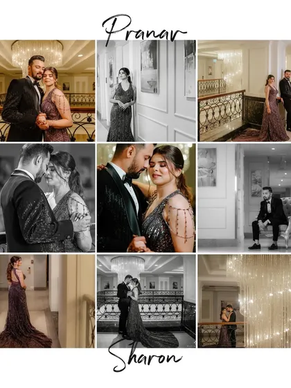 A collage celebrating the glamour and romance of a reception party. It showcases the couple in their elegant evening wear, sharing dances and intimate moments throughout the night.