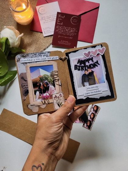 A "Happy Birthday" page from a friendship book. The polaroid-style photo adds a nostalgic touch to this heartfelt, handmade gift.