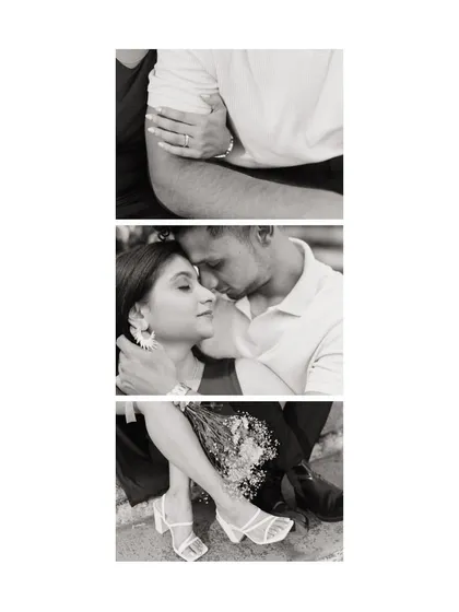A black and white collage focusing on the details of a couple's connection. It highlights an engagement ring, an intimate embrace, and the bride's stylish shoes, telling a story through small moments.