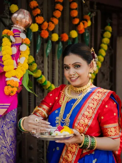 There's nothing like the energy of a festival. This Gudi Padwa shoot captures the joy and tradition of the Maharashtrian new year, from the vibrant blue Paithani saree to the genuine smile of the model as she performs the puja.
