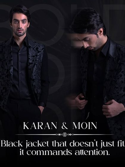 A black-on-black Indo-Western look, featuring a textured waistcoat over a matching shirt. This outfit is designed to command attention with its edgy yet refined balance.