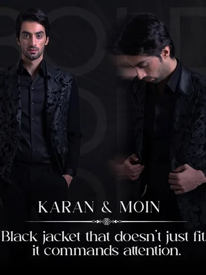 A black-on-black Indo-Western look, featuring a textured waistcoat over a matching shirt. This outfit is designed to command attention with its edgy yet refined balance.