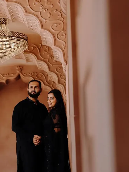 Another shot from the same pre-wedding shoot, with the grand chandelier adding to the romance. Her makeup is soft and elegant.