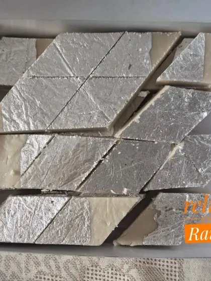 A box of my Kaju Katli decorated with traditional silver vark. I only use it when clients specifically request it, ensuring purity and preference are met.