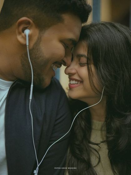 Sharing music, sharing a moment. This intimate close-up from a pre-wedding shoot shows how simple props can help create authentic and heartfelt connections on camera.