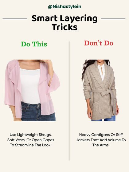 Smart layering can streamline your look. Use lightweight shrugs or open capes instead of heavy cardigans or stiff jackets that add volume to the arms.