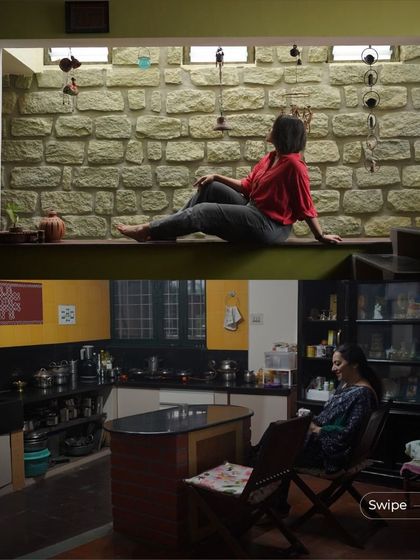 A split image showing a cozy window seat overlooking a stone wall and a view of the kitchen, highlighting the comfortable and functional living spaces in the V S Sreedhara Residence.