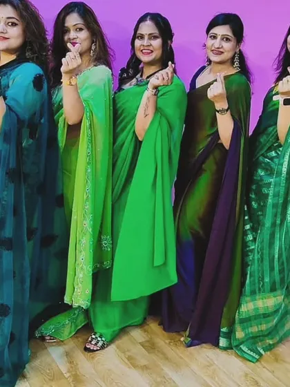 My girls dressed in shades of green for the Teej festival. I organize themed events at my studio to celebrate these special occasions together.