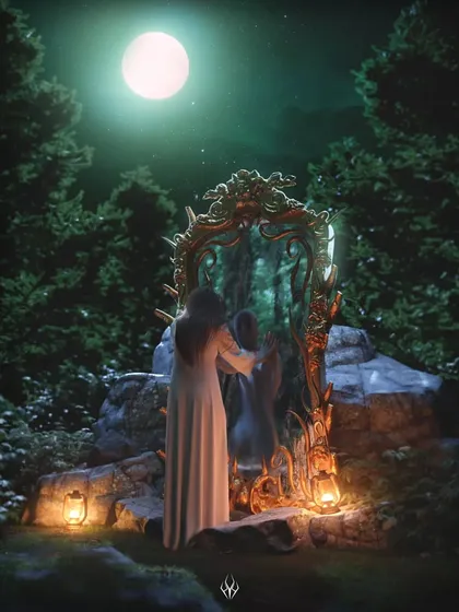 In this piece, I wanted to explore a narrative of self-discovery through a dark fantasy lens. The scene uses the contrast between the serene woman and her monstrous reflection to tell a story. I built the environment with a focus on lighting, using the moon and lanterns to create a magical yet ominous clearing in the woods.