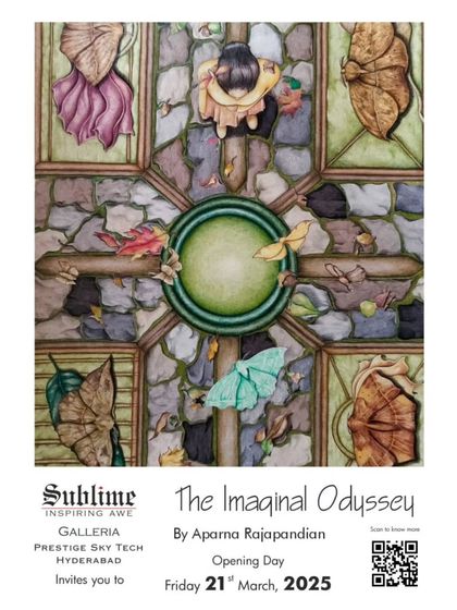 The invitation for 'The Imaginal Odyssey' by Aparna Rajapandian at our Hyderabad gallery, featuring a surreal and imaginative artwork.