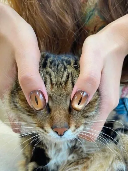 This is the kind of nail art that gets people talking. We created this unique cat eye effect that perfectly matches our client's furry friend. If you have a creative idea, we are here to bring it to life with precision and style.