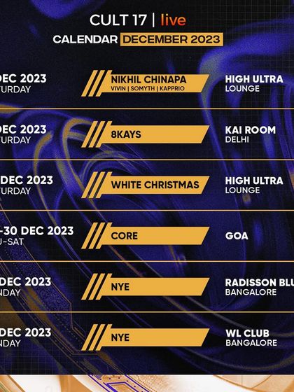 The December 2023 event calendar. This graphic clearly lays out a month packed with high-profile events, including shows in Delhi, Goa, and Bangalore, ending with multiple NYE parties.
