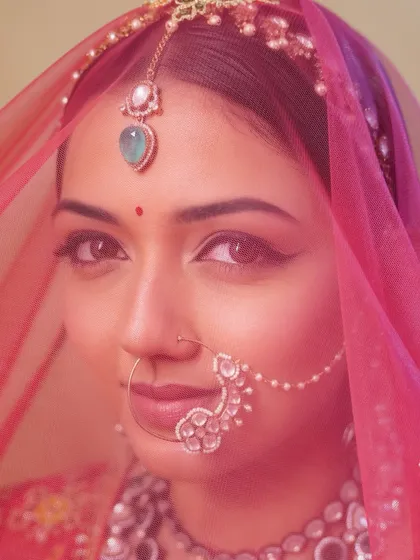 A classic bridal portrait under the veil. The makeup is designed to look soft and ethereal, with the winged liner and bindi drawing focus to the eyes.