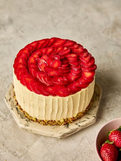 Our Pistachio & Strawberry Cream Cake is a seasonal favourite. The nutty pistachio cake pairs beautifully with the fresh strawberries and light cream.