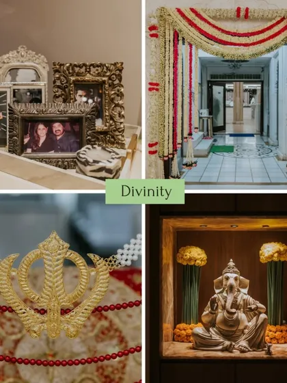 A collage of decor elements that add a touch of divinity and personal history to the wedding, like family photos and religious symbols.