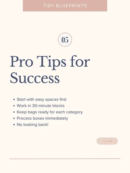 This post shares pro tips for success with the 3-box method, including starting with easy spaces first, working in 30-minute blocks, and processing the boxes immediately.