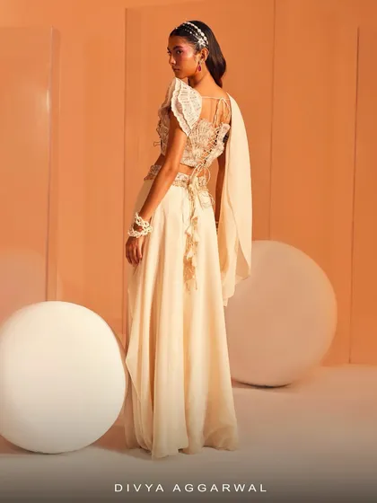 The back view of the Jenna Saree Set reveals the intricate tie-up detail of the blouse and the elegant drape of the attached pallu.