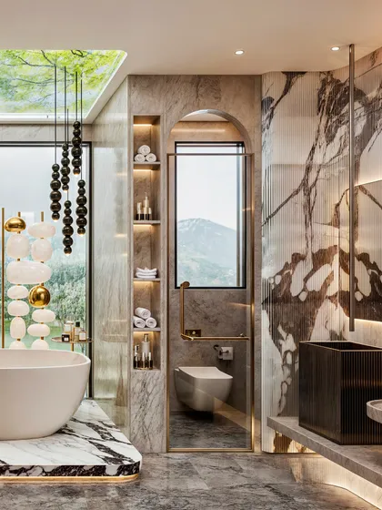 A truly opulent master bathroom with a mountain view. The render captures the dramatic marble, the sculptural art piece by the tub, and the cascading pendant lights.