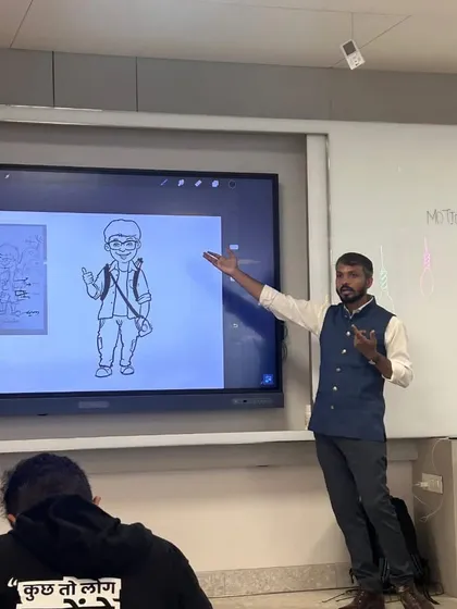 This is from a mascot design workshop I conducted for the Bachelor of Design students at Dr. DY Patil University. I'm breaking down the process of character creation on a digital screen, showing how a simple idea can be developed into a full-fledged mascot.