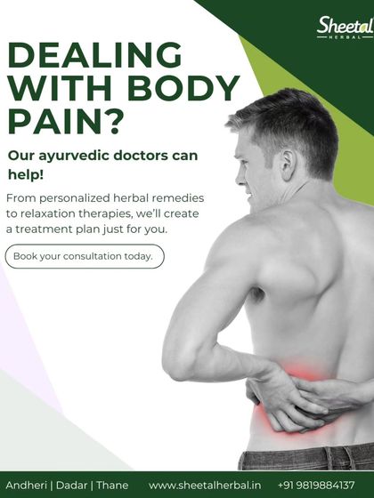 Dealing with persistent body pain can be exhausting. This graphic shows that our Ayurvedic doctors are here to help. We create personalized treatment plans that combine herbal remedies and relaxation therapies to provide lasting relief from chronic pain.