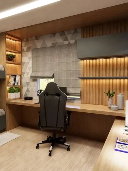 This angle shows the integration of the bunk bed and the long study desk, a perfect solution for a shared room for older kids.