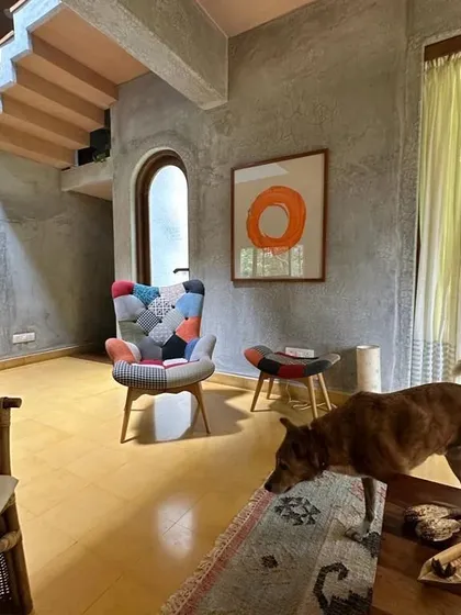 A home should be a sanctuary, a place of warmth and personal expression. In this artist's residence, earthy textures, handcrafted details, and the quiet presence of a furry companion come together to create a space that is truly alive.
