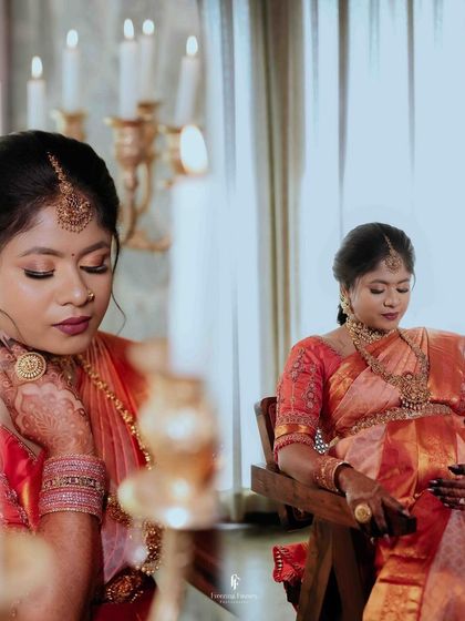 A diptych showing the mother-to-be in quiet moments of reflection. The soft, warm lighting from the candelabras creates a serene and classic portrait.