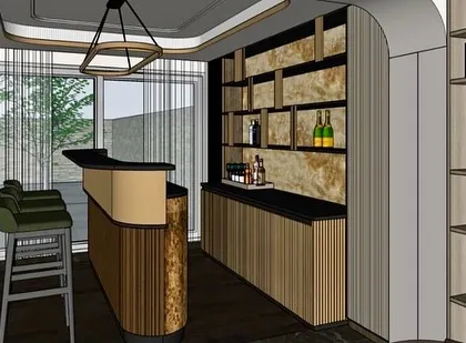 This is a 3D sketch or massing model for the neoclassic villa's bar. It helps establish the scale and placement of key elements like the bar counter, shelving, and seating early in the design phase.