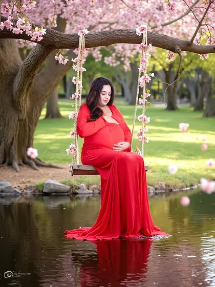 A serene and artistic outdoor-style maternity photo. The mom-to-be is seated on a floral swing over calm water, wearing a flowing red gown, creating a peaceful and beautiful portrait.