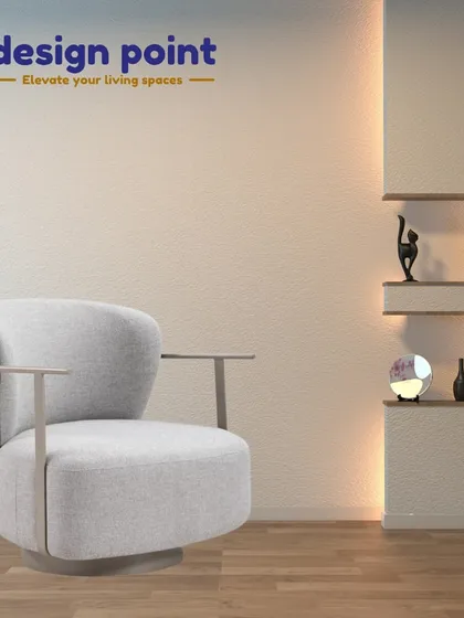 A modern swivel armchair in a light grey fabric. Its clean, rounded form and concealed base make it a sophisticated choice for any living space.