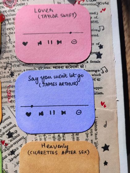 A close-up of a scrapbook page from my "Songs That Remind Me of You" design. This one features "Lover" by Taylor Swift and "Say You Won't Let Go" by James Arthur.