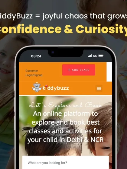 Kiddybuzz equals joyful chaos that grows confidence and curiosity. This image shows our app as the tool to unlock that growth.