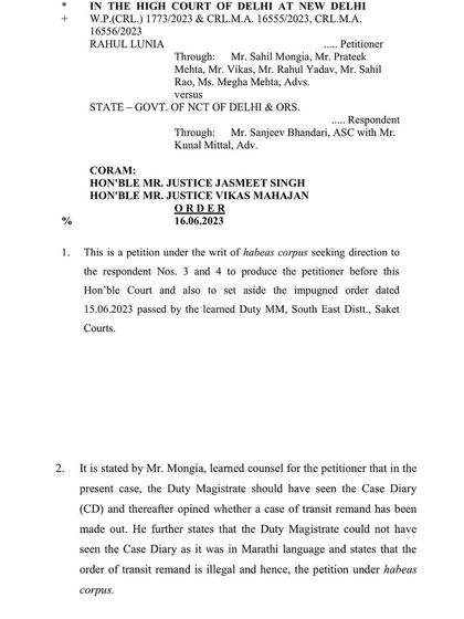 The official order from the Delhi High Court in the Habeas Corpus case. It details my argument that the Duty Magistrate could not have properly applied their mind to the case diary due to the language barrier, rendering the remand order illegal.