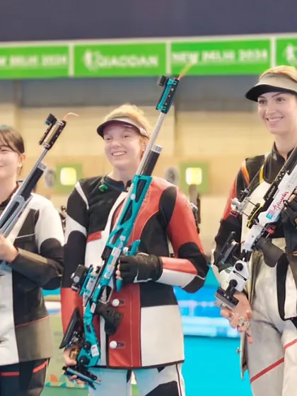 The top three finalists of the 10M Air Rifle Women's event. We provide a platform for the next generation of shooting stars to make their mark.