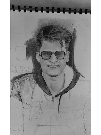 An in-progress sketch of the client from media 39. You can see the jacket and hoodie starting to take shape around the fully rendered face.